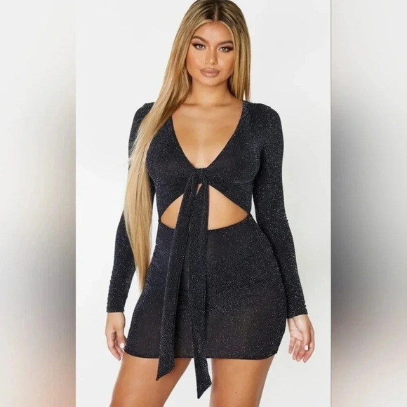 PrettyLittleThing Black Glitter Mini Dress - Picture 1 of 9
